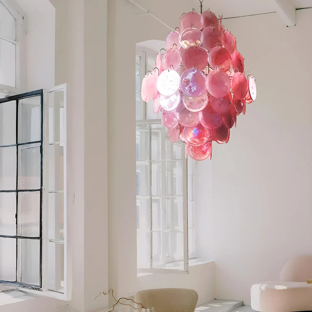 Huge Vintage Murano Pink Disks Chandelier