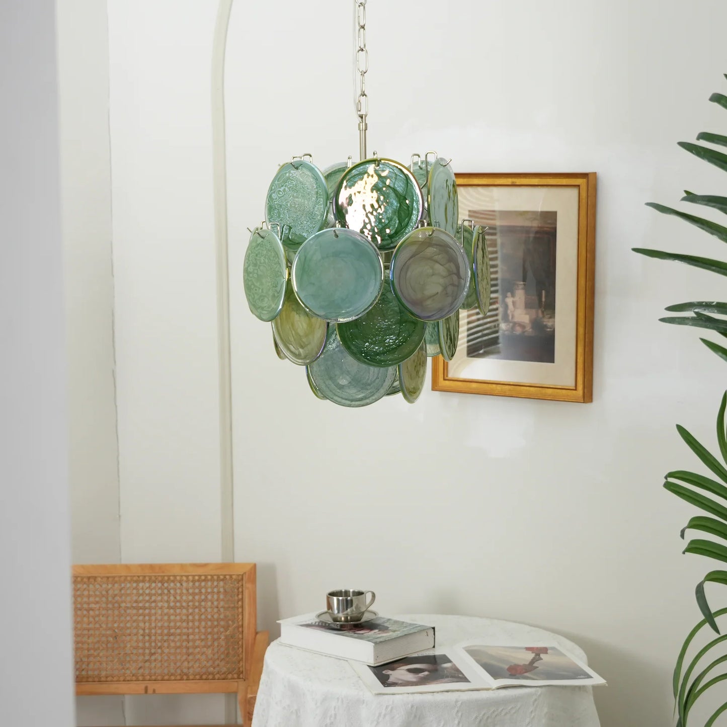 Vintage Murano Green Glass Disks Chandelier
