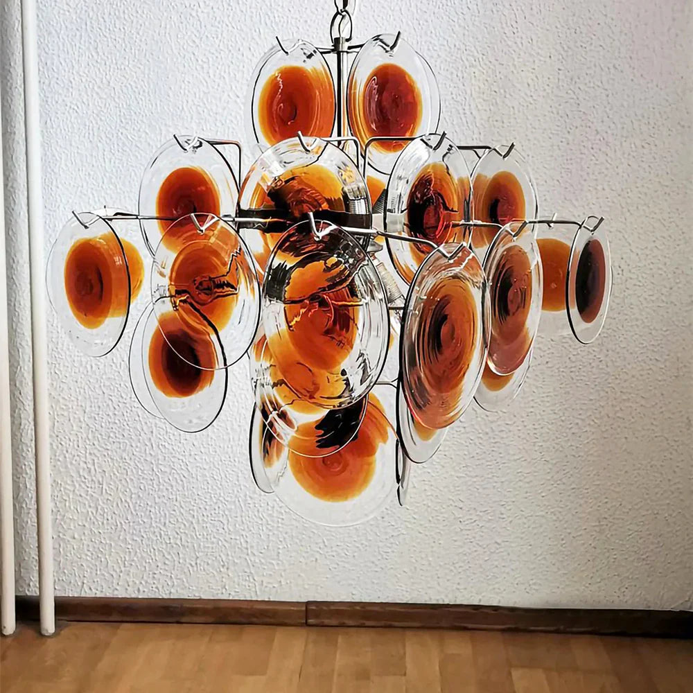 Vintage Murano Orange Brown Transparent Disc Chandelier