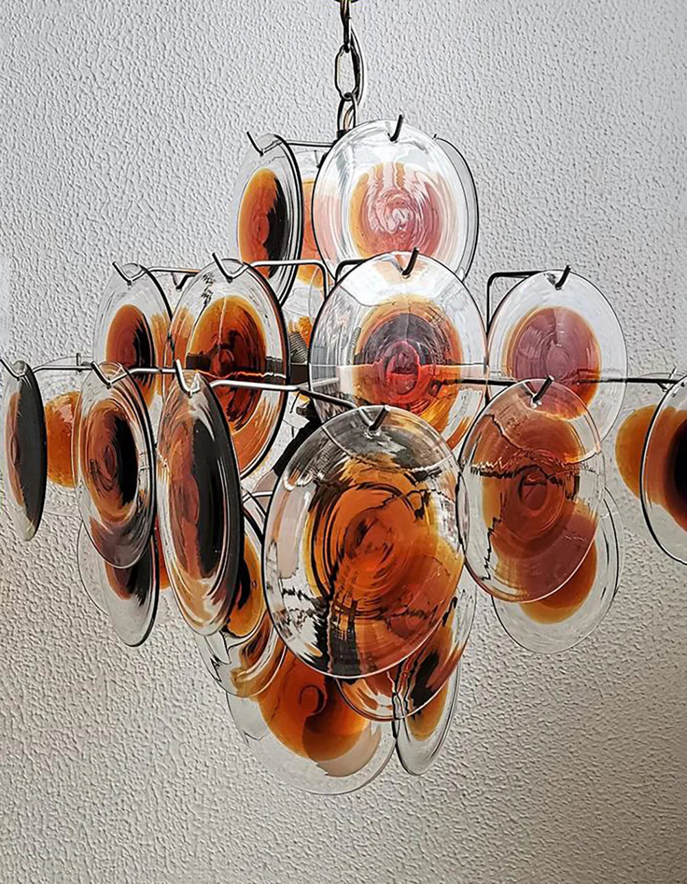 Vintage Murano Orange Brown Transparent Disc Chandelier