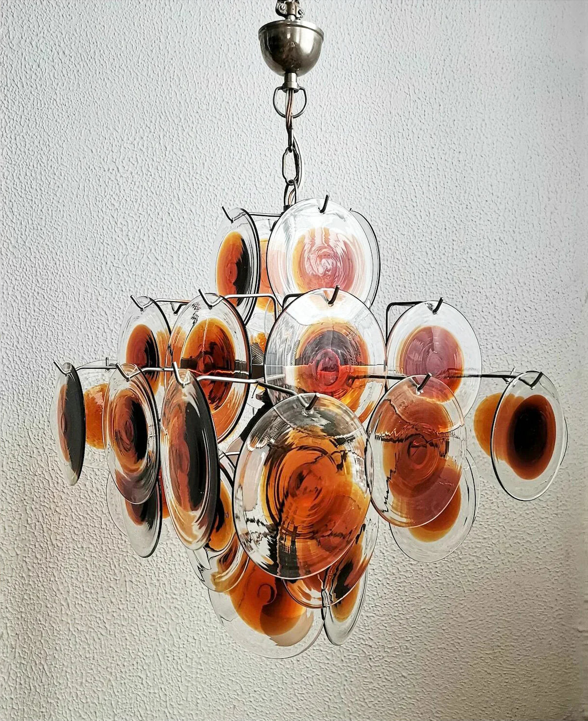 Vintage Murano Orange Brown Transparent Disc Chandelier