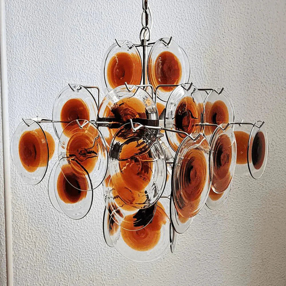 Vintage Murano Orange Brown Transparent Disc Chandelier
