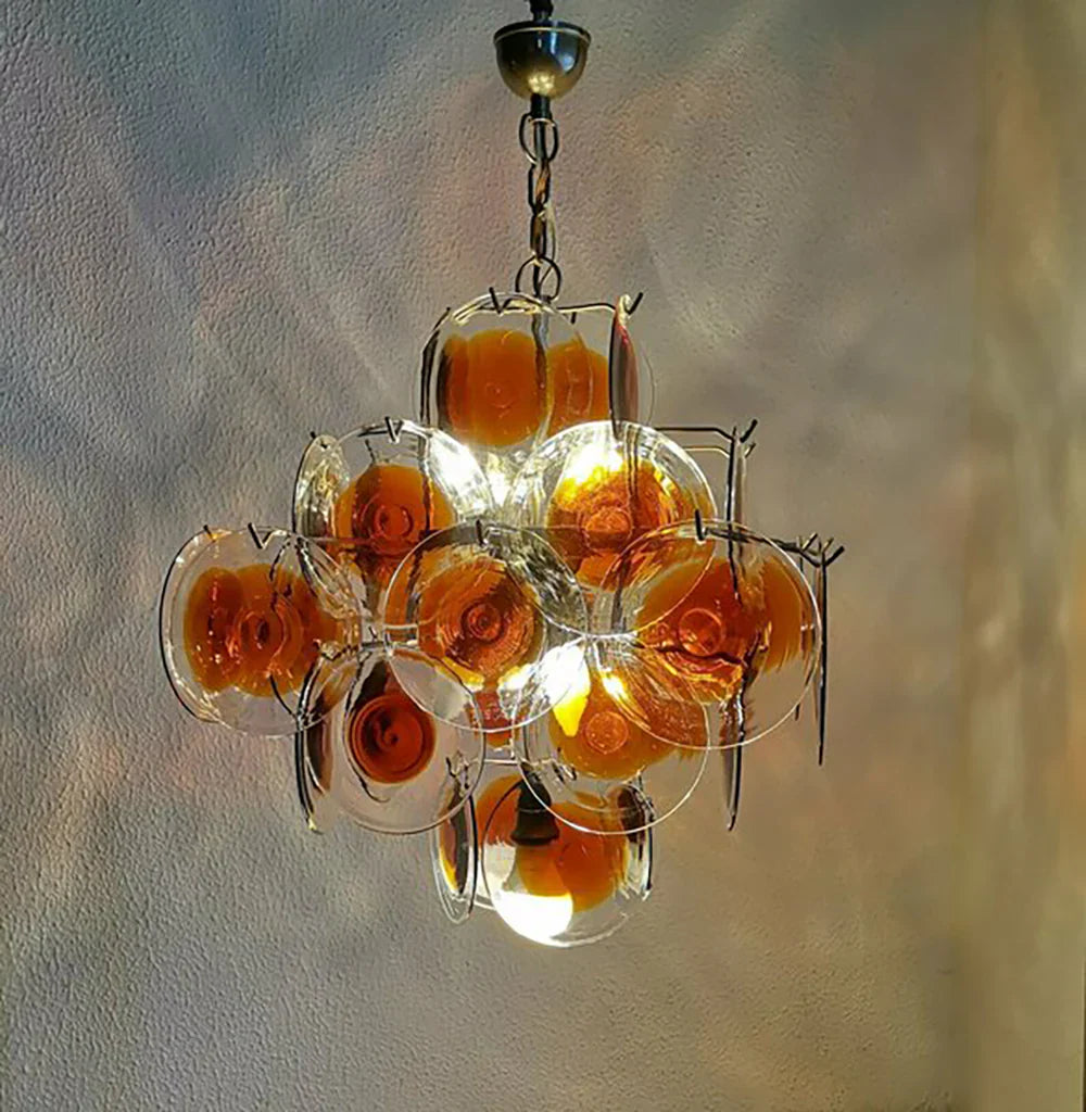 Vintage Murano Orange Brown Transparent Disc Chandelier