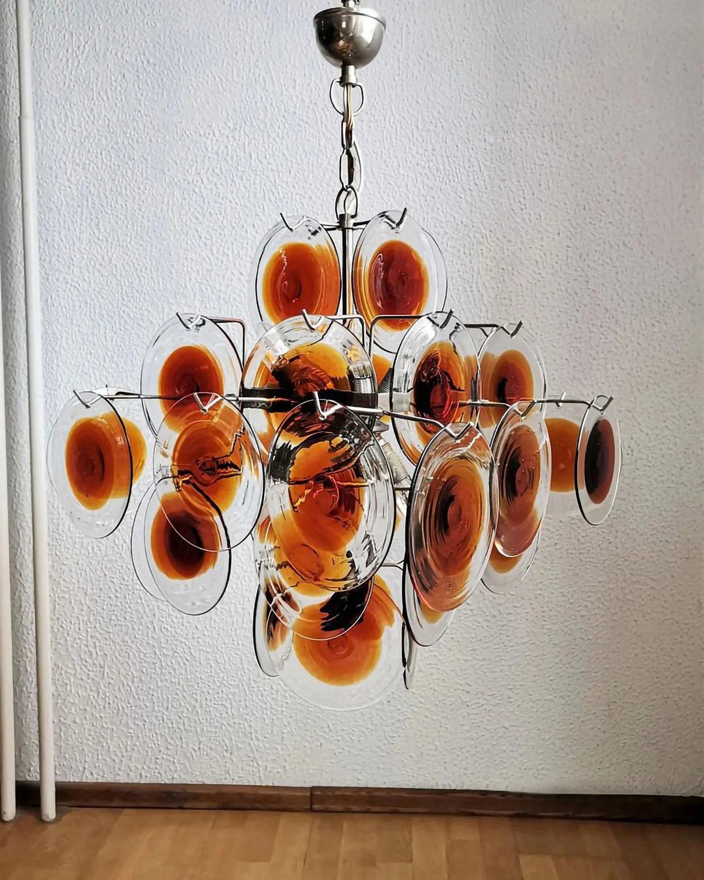 Vintage Murano Orange Brown Transparent Disc Chandelier