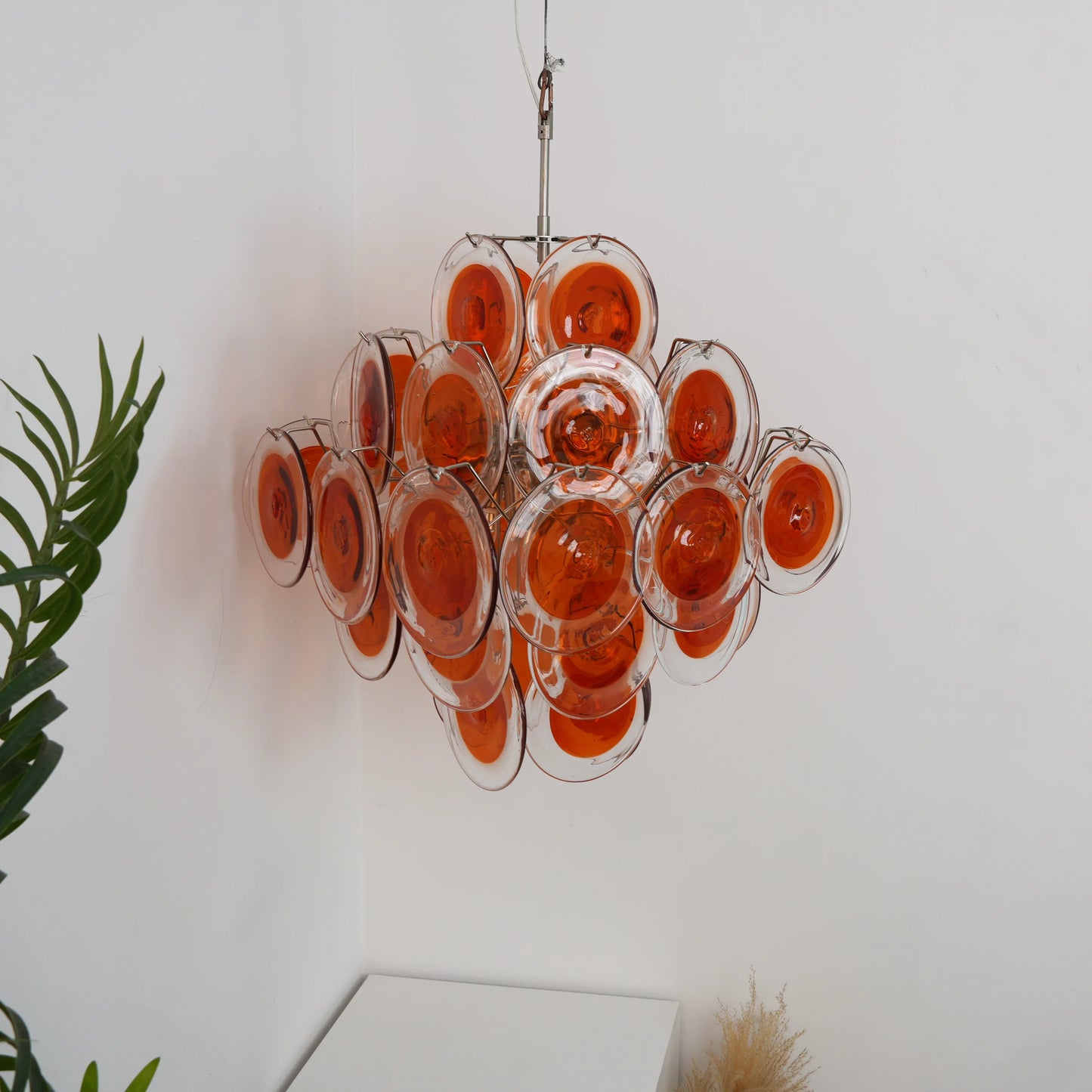 Vintage Murano Orange Brown Transparent Disc Chandelier