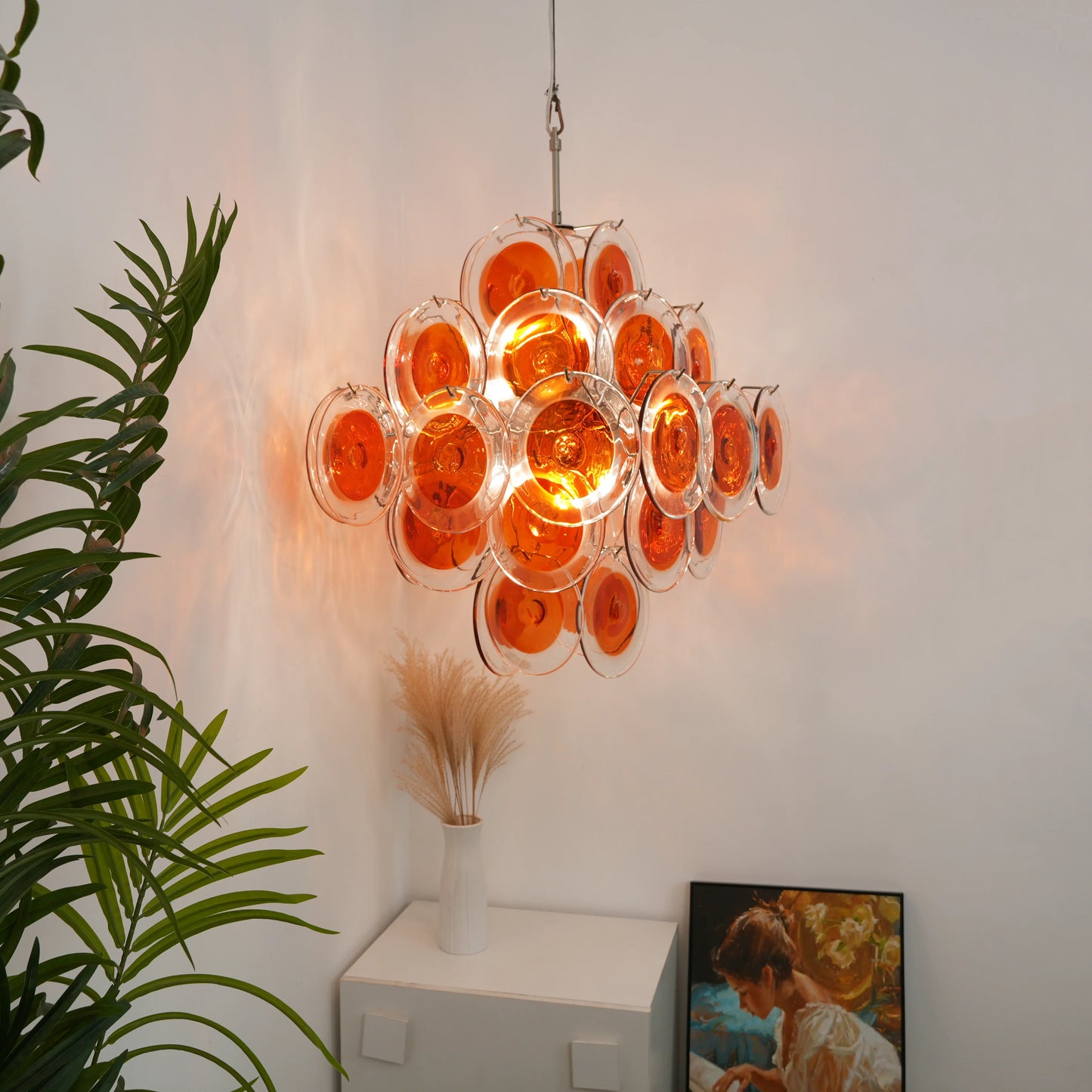 Vintage Murano Orange Brown Transparent Disc Chandelier