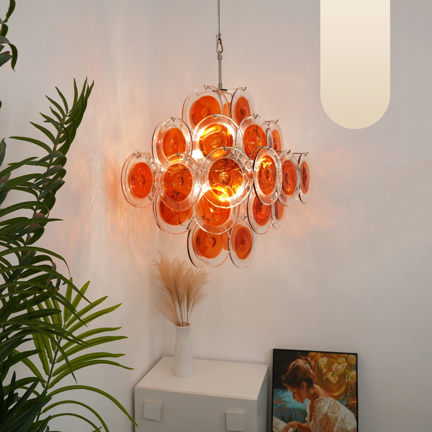 Vintage Murano Orange Brown Transparent Disc Chandelier