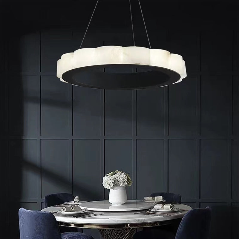 Moden Alabaster Round Black Chandelier Over Dining Table