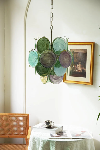 Vintage Murano Green Glass Disks Chandelier