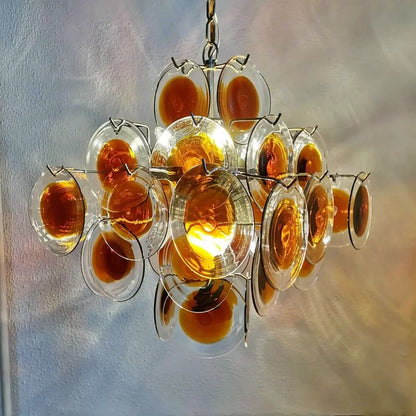 Vintage Murano Orange Brown Transparent Disc Chandelier