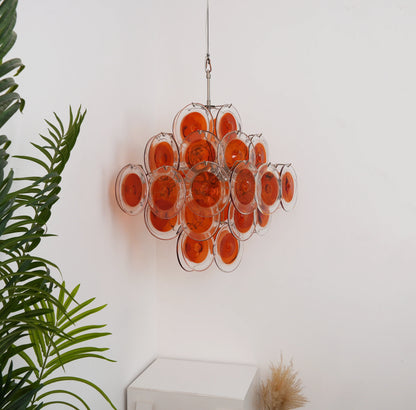 Vintage Murano Orange Brown Transparent Disc Chandelier