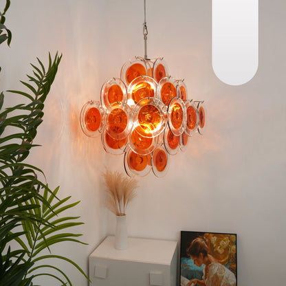 Vintage Murano Orange Brown Transparent Disc Chandelier