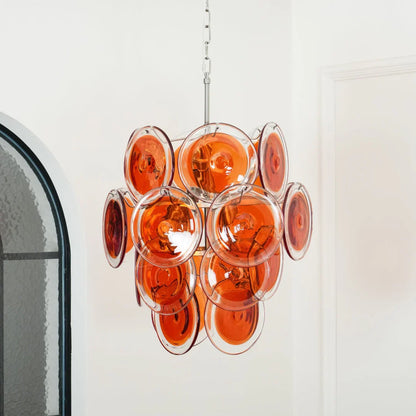 Vintage Murano Orange Transparent Disc Chandelier