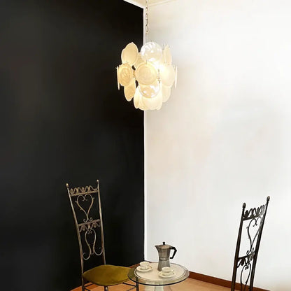 Vintage Murano White Glass Disks Chandelier