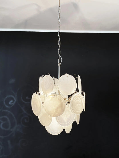Vintage Murano White Glass Disks Chandelier