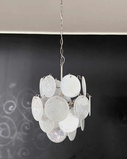 Vintage Murano White Glass Disks Chandelier