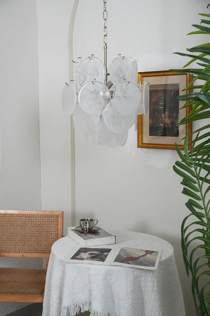 Vintage Murano White Glass Disks Chandelier