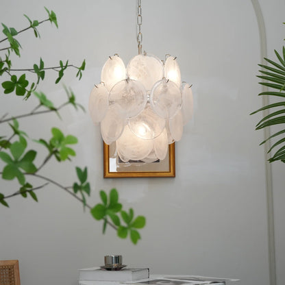 Vintage Murano White Glass Disks Chandelier