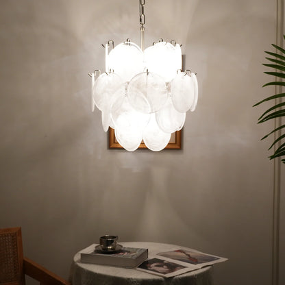 Vintage Murano White Glass Disks Chandelier