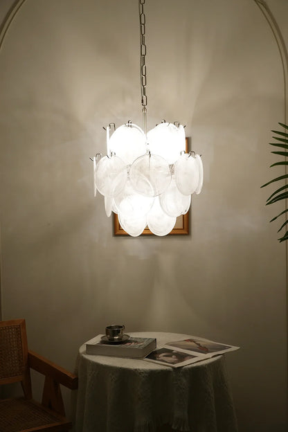 Vintage Murano White Glass Disks Chandelier