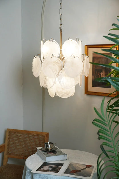 Vintage Murano White Glass Disks Chandelier