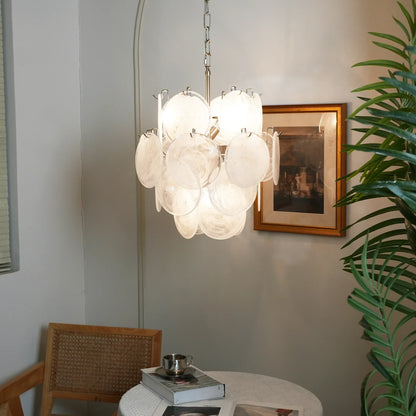 Vintage Murano White Glass Disks Chandelier